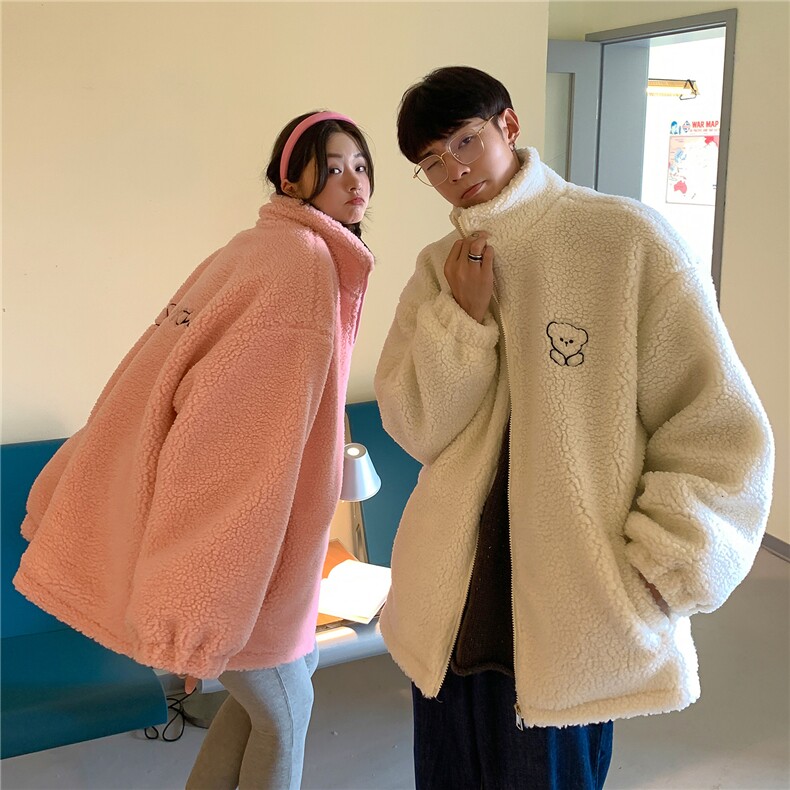 2022情侣装冬装新款小熊绣花羊羔毛外套加厚潮D180P108女类,女装短外套,电商A335-1（原A458）
