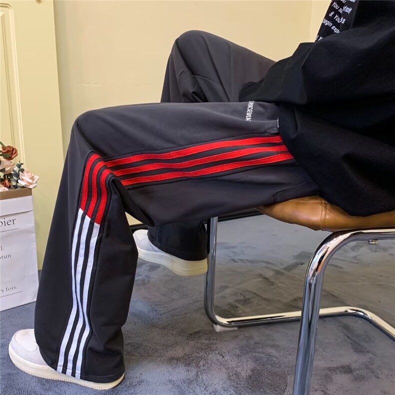 美式休闲裤男秋季新款侧边三条杠宽松显瘦抽绳卫裤高腰拖地长裤子,男装休闲裤,四季星座218-1