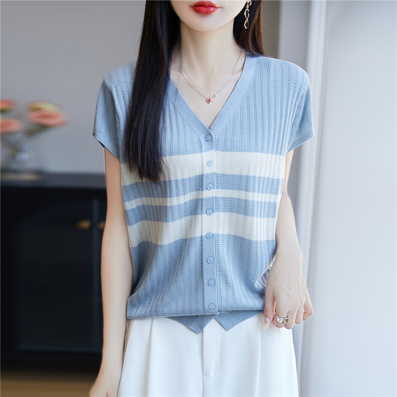 25夏季V领莱赛尔天丝针织短袖开衫女拼色镂空上衣半袖宽松打底衫,针织衫/毛衣,唐诺