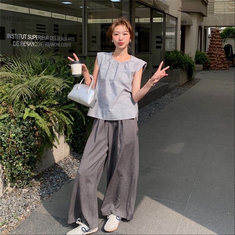 条纹飞袖上衣休闲裤套装2025新款女夏季韩系高级感流行ootd一整套,女装套装/套裙,2C258