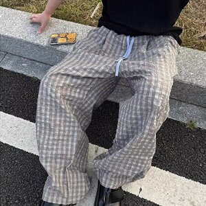 夏季新款男士百搭休闲裤韩版肌理感海岛泡泡格潮流休闲直筒格子裤