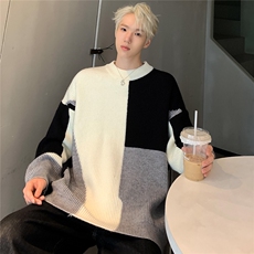 美式复古潮牌拼接撞色针织衫男女设计慵懒风情侣毛衣M19-P58，男装针织衫/毛衣，电商C307A