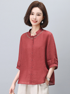长期有货新款中式刺绣苎麻小衬衫上衣中袖文艺T恤女中老年妈妈装图片