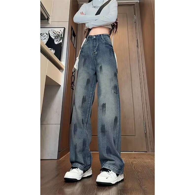 美式直筒牛仔裤男女2025春秋新款废土风泼漆涂鸦阔腿做旧拖地长裤,男装牛仔裤,星座506A