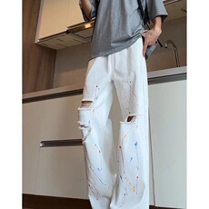 高街白色泼墨破洞牛仔裤宽松阔腿直筒裤子美式涂鸦潮牌休闲长裤子，男装牛仔裤，星座1210-1