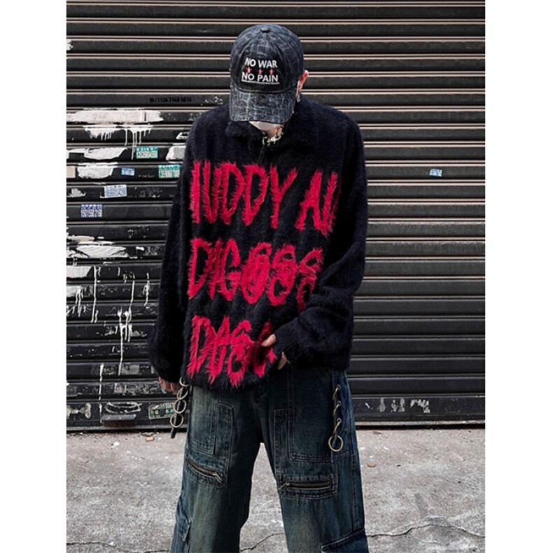 复古黑红撞色仿貂毛字母毛衣男女宽松慵懒针织衫情侣上衣MY9539，男装针织衫/毛衣，星座1116A（原606A-3）