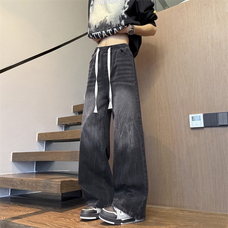闪电纹黑色牛仔裤直筒裤子宽松水洗痞帅阔腿裤310A-4-NZ59-TP35,男装牛仔裤,星座310A-4