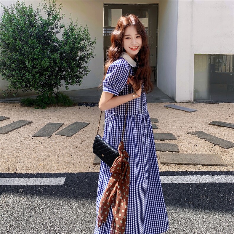 【新款】学院风娃娃领格子连衣裙2D145-Y2505-P125-控188,女装连衣裙,2D145