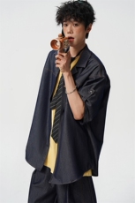 8XL-M夏季简约高级感冰丝牛仔古巴领男休闲痞帅宽松套装潮TZ109，男装休闲套装，电商D206-1