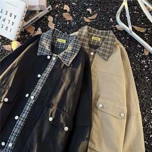 气质时尚登山棉料假两件格子夹克百搭文艺新款流行ins潮流原宿图片