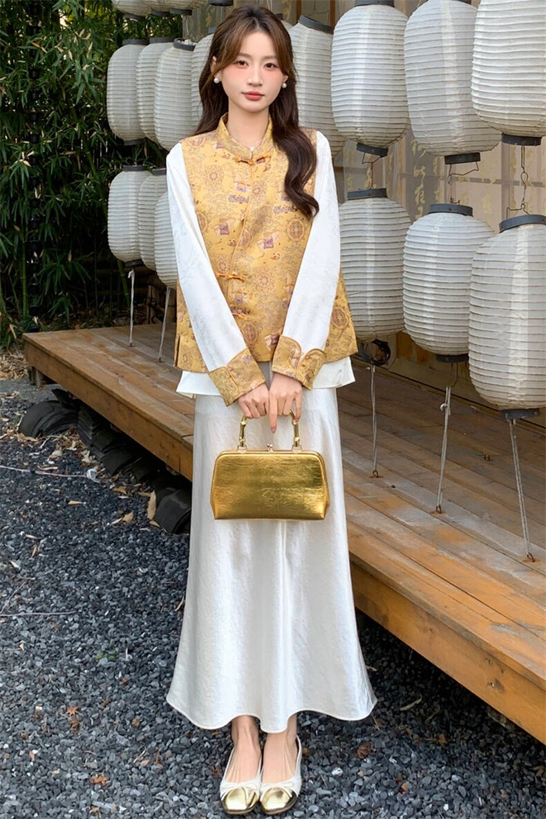 2026年春季新中式g风高级感提花马甲配衬衫两件套,女装套装/套裙,超帛