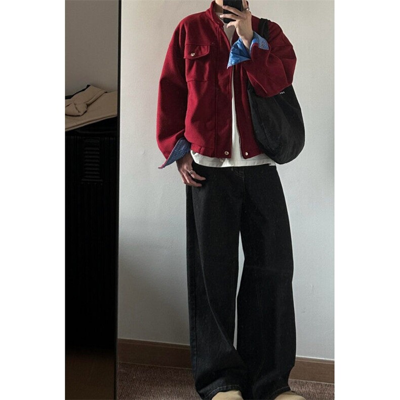 春秋季复古红色立领拼接外套男女2025年潮牌美式夹克宽松街头上衣,男装夹克,星座601-1