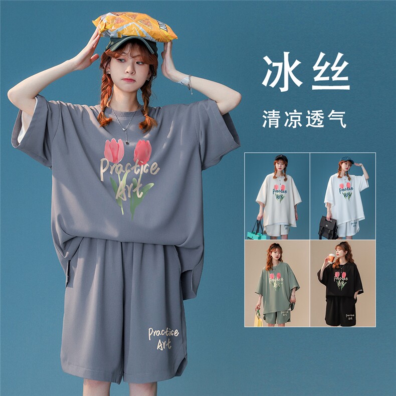冰丝套装   夏季冰爽宽松舒适花卉印花T恤短裤情侣TZ6901 P65控78图片