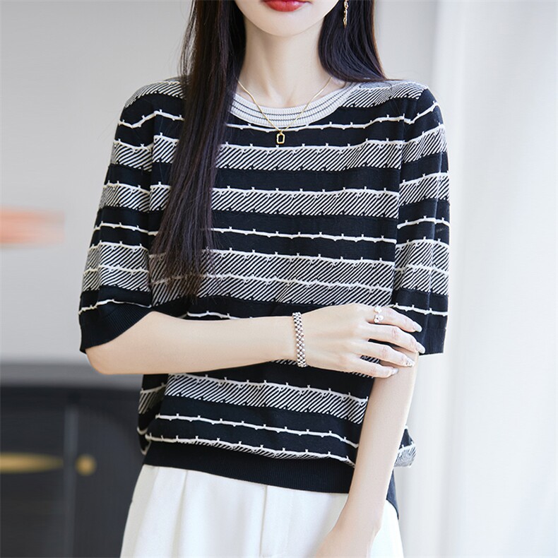 拼色圆领莱赛尔天丝针织五分袖上衣女薄款短袖T恤宽松半袖打底衫,针织衫/毛衣,唐诺