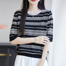 拼色圆领莱赛尔天丝针织五分袖上衣女薄款短袖T恤宽松半袖打底衫，女装针织衫/毛衣，唐诺