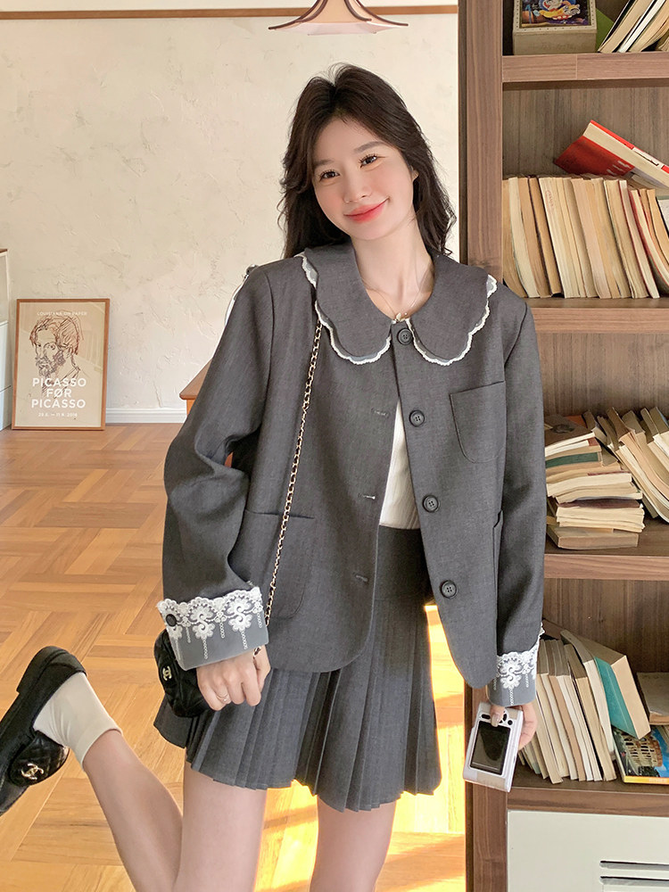 灰色娃娃领西装套装裙女2025春季新款韩系学院风减龄百褶裙两件套,女装套装/套裙,浙宝103（原192）