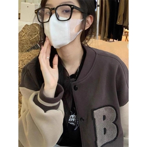 1506A/GA140/P64复古风字母拼接棒球服女设计感开衫外套图片