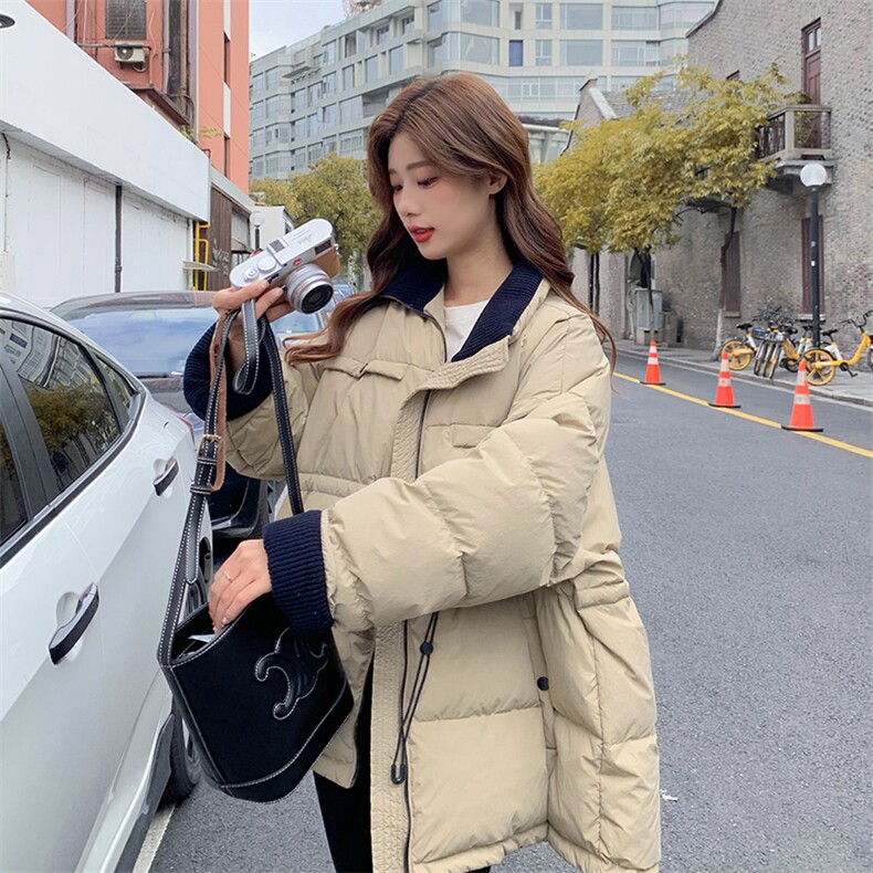 现货奶茶色加厚拼色羽绒服50绒,女装羽绒服,菡迪欧娜