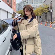现货奶茶色加厚拼色羽绒服50绒，女装羽绒服，菡迪欧娜