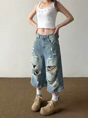 高质量美式复古高街潮牌乞丐破洞牛仔七分裤男女宽松垂感夏季，男装牛仔裤，星座613