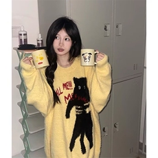 美式街头镂空针织毛衣女夏季猫咪提花宽松水貂绒小众设计感上衣，男装针织衫/毛衣，星座506A