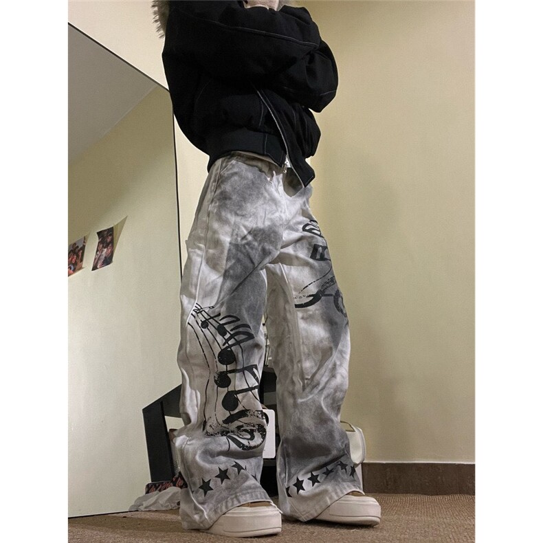美式街头水洗做旧牛仔裤男女宽松潮流音符星星元素印花阔腿拖地裤,男装牛仔裤,星座813-2