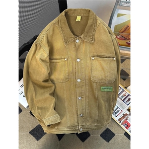 渐变做旧牛仔外套男女秋式复古工装夹克潮痞帅宽松上衣HH8884 P45图片