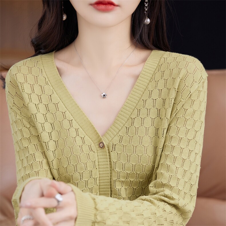 时尚百搭纯棉镂空开衫女V领长袖针织衫春季新款显瘦外套,针织衫/毛衣,桦兴羊绒
