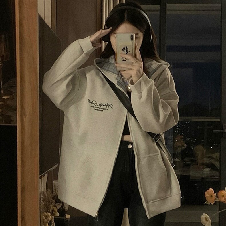格子拼接连帽卫衣女春秋oversize薄款外套宽松拉链开衫C810-P100,女装短外套,星座911-2(原星座613-2）
