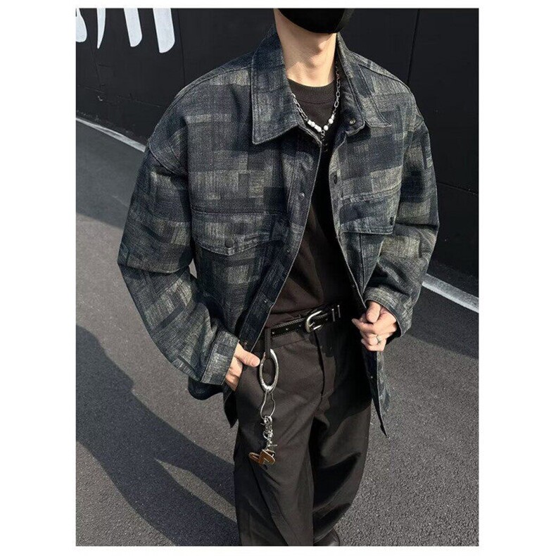 复古格纹牛仔外套男春秋季休闲翻领夹克男上衣服JK3595,男装夹克,星座1116A（原606A-3）