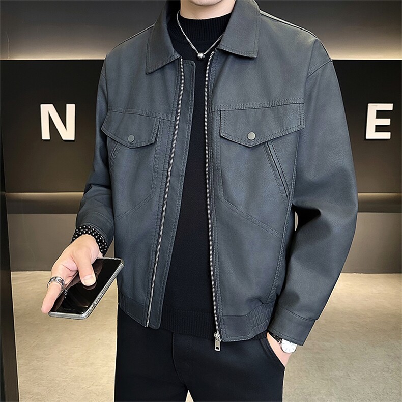 25880-P145-M-4XL店主风秋季假口袋设计男士翻领皮衣夹克休闲外套,男装皮衣,电商B255