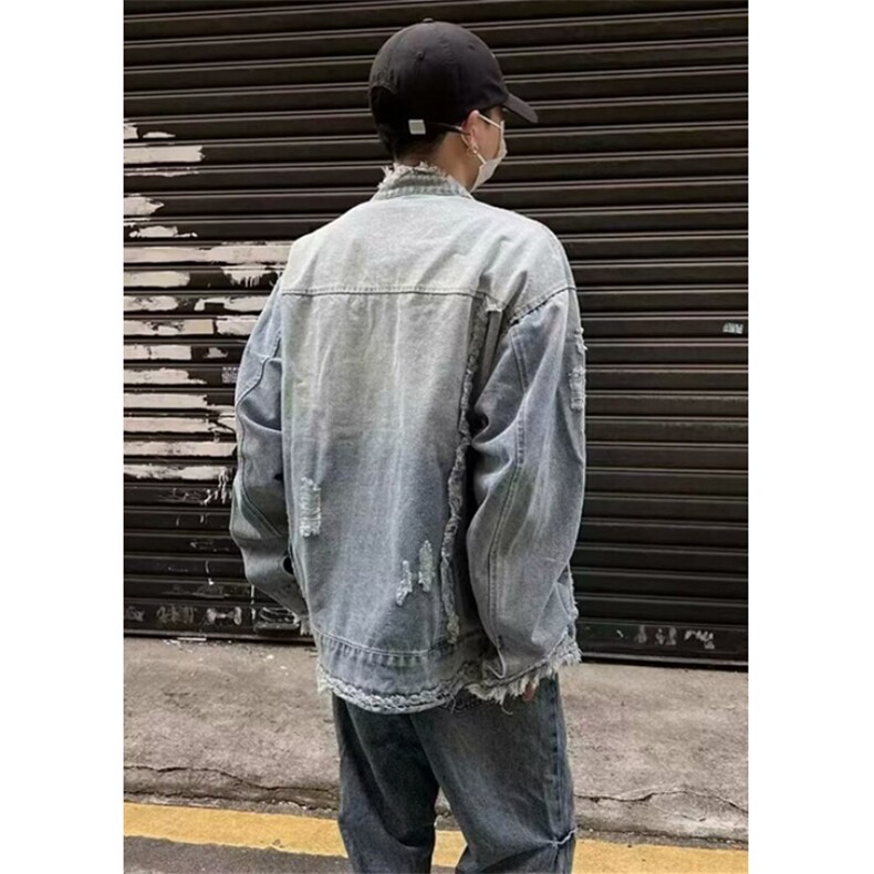 水洗做旧流苏毛边牛仔夹克男女复古潮牌休闲情侣外套上衣J8896,男装工装外套,星座1116A（原606A-3）