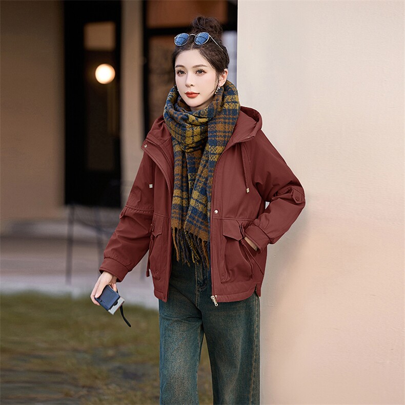 冬季加绒派克服棉衣女2025新款小个子短款连帽休闲工装棉衣外套,女装棉衣/棉服,涵亦佰惠