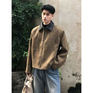 美式复古老钱风pu皮拼接短款夹克男秋冬季高级感cleanfit毛呢外套图片