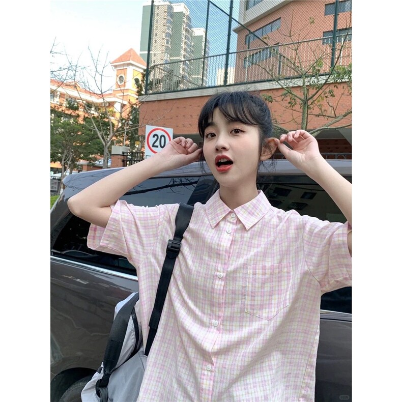 日系港风甜美粉色格子短袖衬衫男女夏季高级设计感小个子上衣外套,男装T恤,星座506A