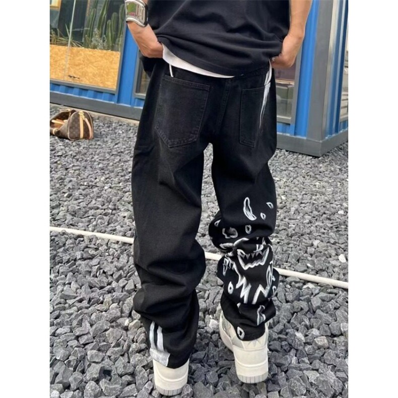 涂鸦骷髅印花复古牛仔裤男女同款潮牌小众街头嘻哈直筒宽松长裤春,男装牛仔裤,星座506A