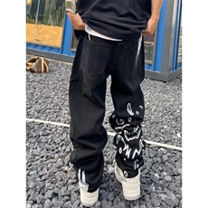 涂鸦骷髅印花复古牛仔裤男女同款潮牌小众街头嘻哈直筒宽松长裤春，男装牛仔裤，星座506A