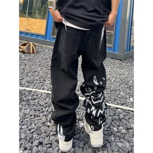 涂鸦骷髅印花复古牛仔裤男女同款潮牌小众街头嘻哈直筒宽松长裤春图片