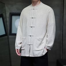 茶服春季现货风式大码纯色亚麻立领长袖衬衫T626-P75控98，男装衬衫，电商A021