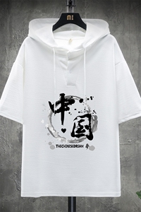 LD54134-P45 连帽短袖t恤男大码胖子带帽五分袖中袖 展架图片