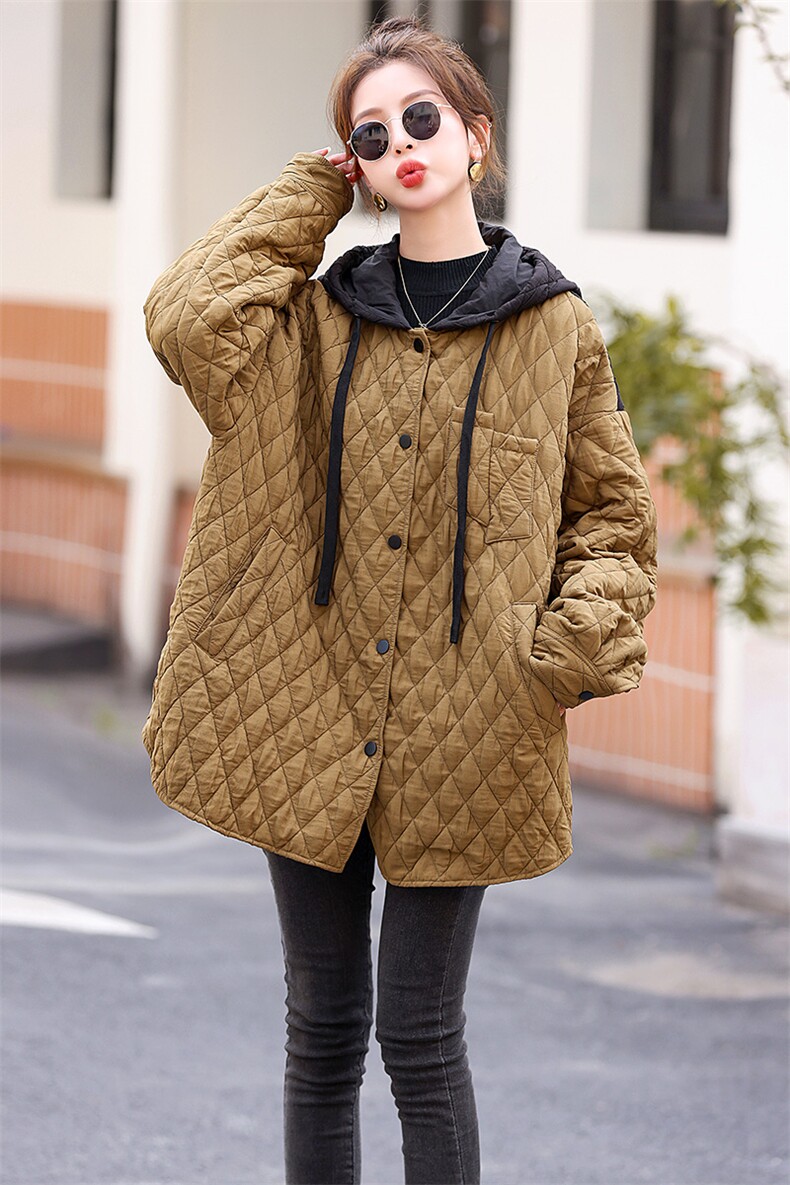 2023冬装新款设计感宽松显瘦帽菱格夹棉短外套,女装棉衣/棉服,橙子家