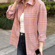 美式复古粉色格纹少女感衬衫外套女春秋休闲韩系chic港味上衣外套，男装衬衫，星座1210-1