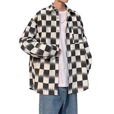 棋盘格衬衫男潮春季美式暗黑系潮流黑白格纹衬衣潮嘻哈休闲外套，男装衬衫，星座506A