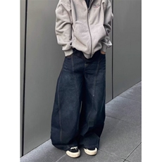 2026刺绣男女拖地长裤弯刀牛仔裤宽松休闲阔腿裤子K71286-P43网图，男装牛仔裤，电商B245