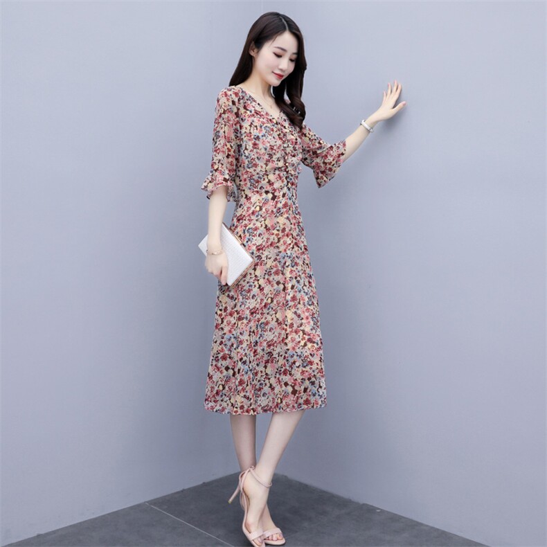 连衣裙五分袖中长款印花2021年夏季淑女V领通勤花色,女装连衣裙,岚衣(原川流布茜）