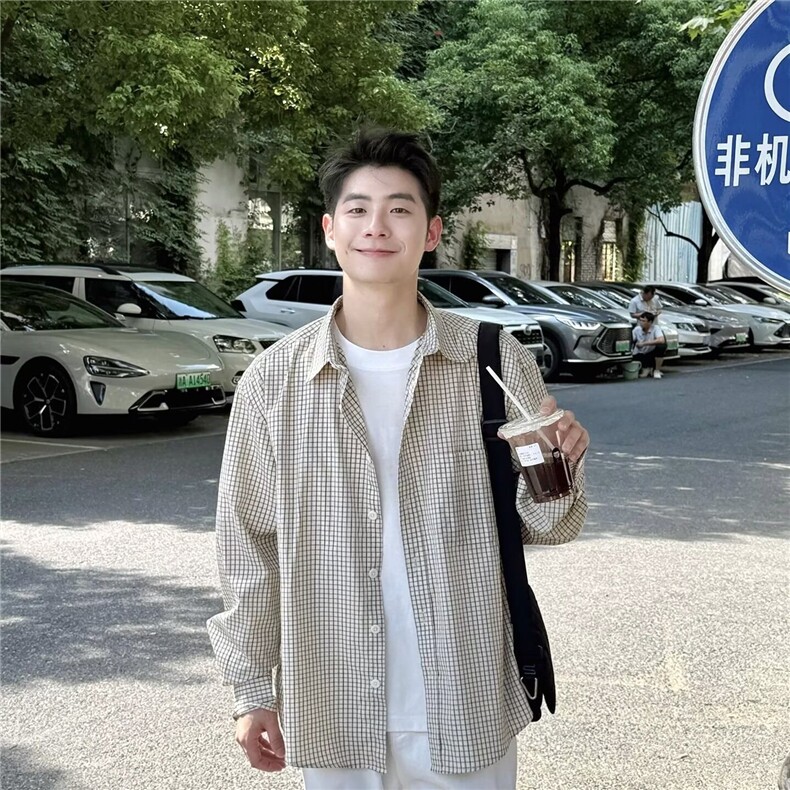 1506/Q30800/P42格子衬衫男休闲衣服潮流百搭高级感大码春秋图片