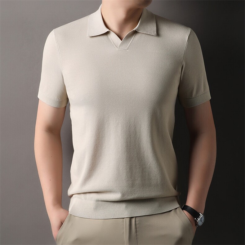 男士薄款针织短袖t恤2025夏季翻领商务休闲纯色v领Polo衫半袖潮图片