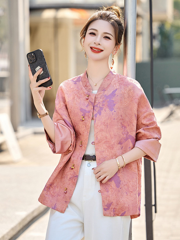 新中式印花国风短外套女2025春秋新款宽松气质百搭年轻款唐装上衣,女装短外套,美沁