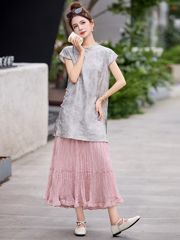 2025夏装新款简约时尚新中式盘扣两件套套裙,女装套装/套裙,玖莱伊