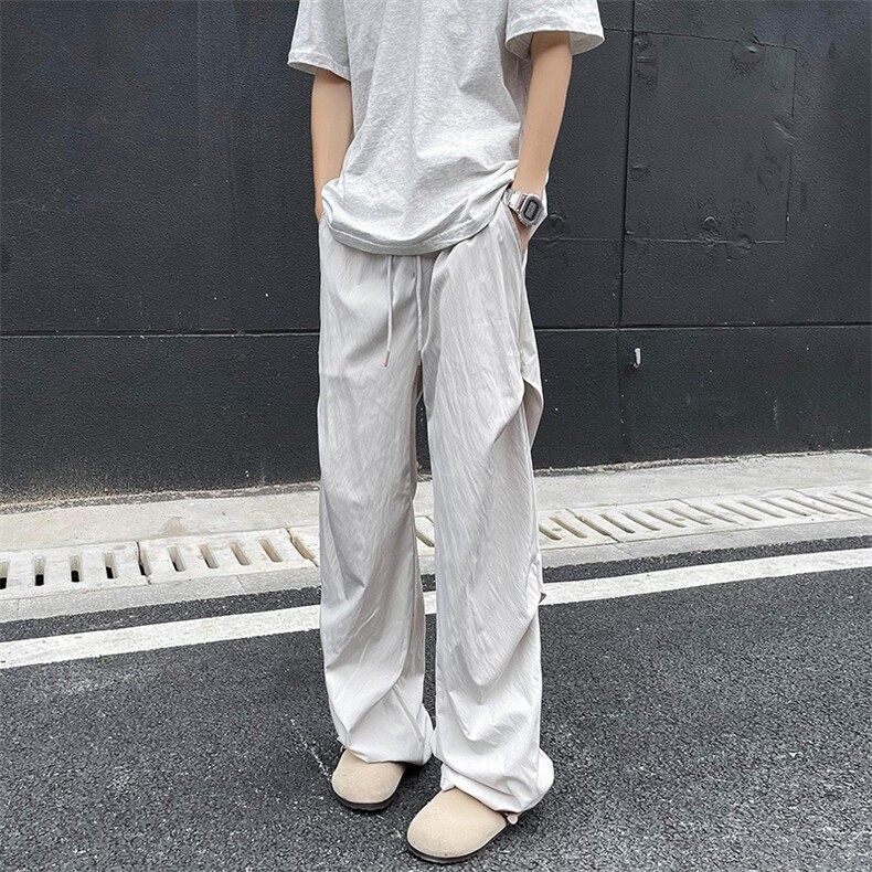 冰丝透气褶皱夏季薄款休闲裤新款美式潮流宽松裤子图片